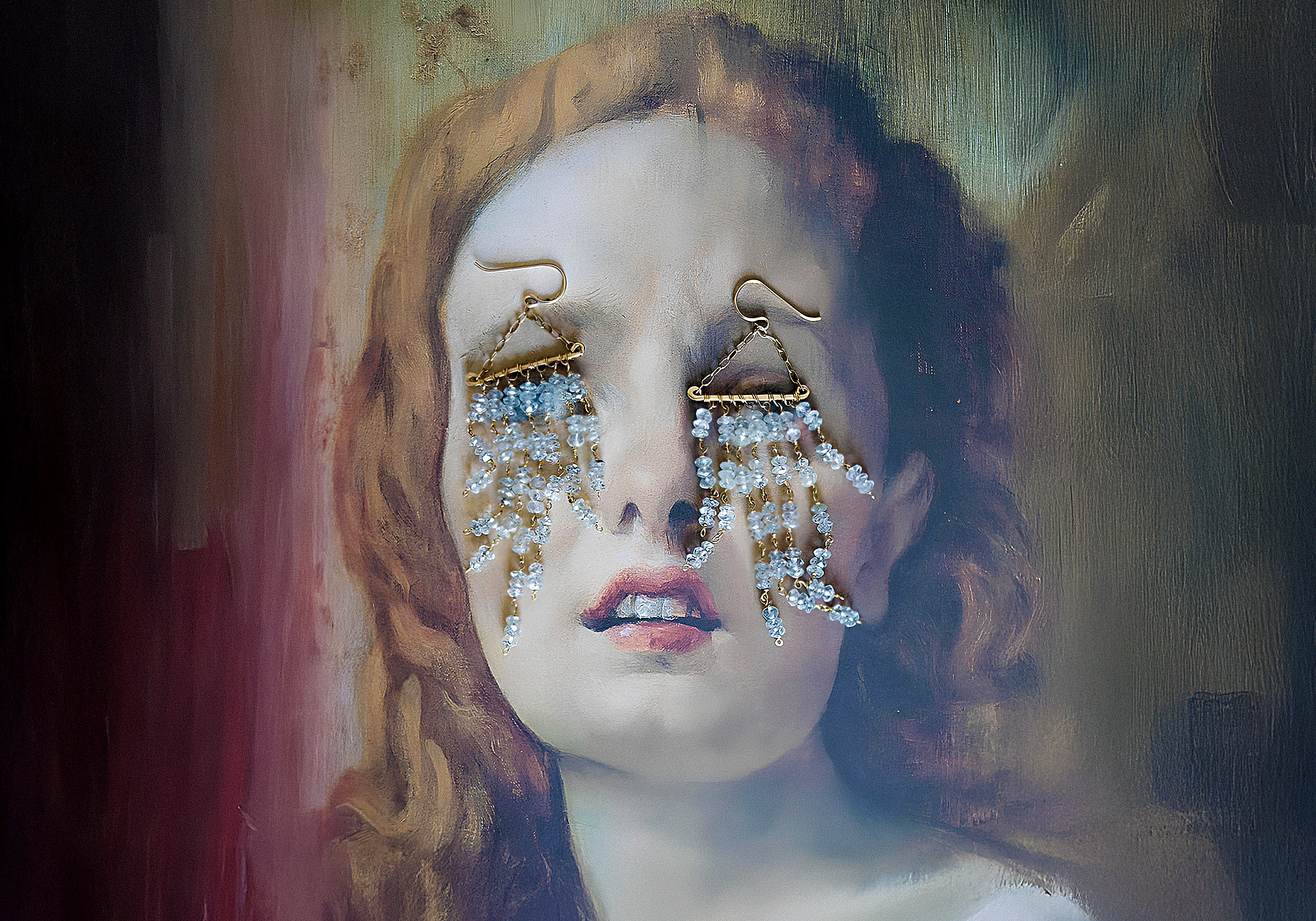 renaissance portrait painting with fringe gemstone earrings on her eyes to mimic drying