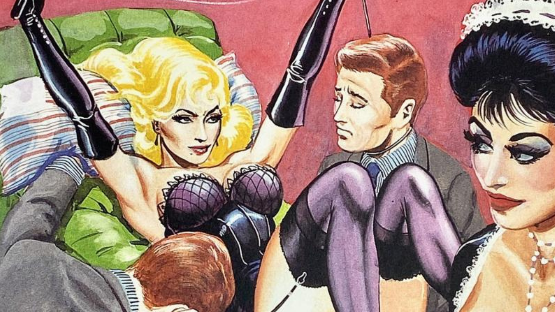 **Alt text:** Vintage illustration of a confident blonde woman in black lingerie, fishnet stockings, and long gloves lounging with her legs raised while two men attend to her and a glamorous dark-haired woman looks on. The retro artwork evokes classic pin-up aesthetics and exaggerated gender dynamics with a playful, satirical tone.